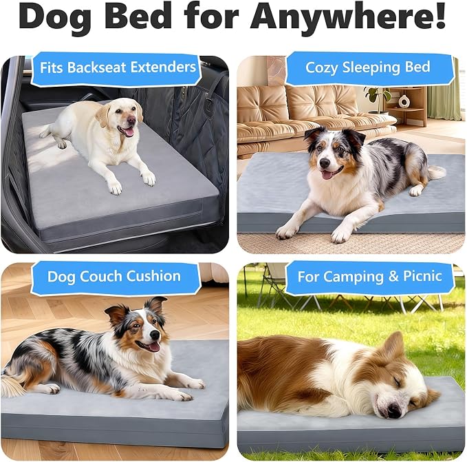 Backseat Dog Bed, Dog Bed for Car Back Seat, 4in Orthopedic Egg Crate Foam Pet Bed with Reversible Plush & Faux Leather for Backseat Extender – Waterproof, Stable Fit, Washable (51"x23.5", Gray)