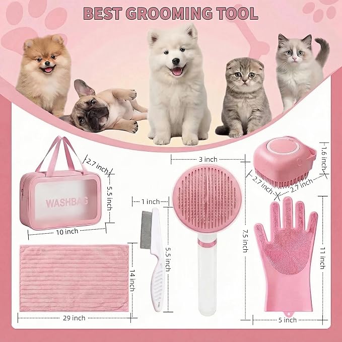 6PCS Dog Bath Kit & Dog Brush Kit for Dogs & Cats - Professional Pet Grooming Tools Set with Shedding Brush, Bath Scrubber, Dematting Comb & Storage Bag - Complete Dog Washing Essentials, Pink
