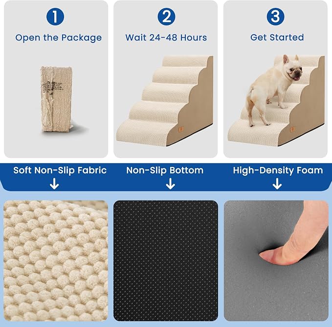 5 Step Dog Stairs for High Bed,Non-Slip Pet Ramp for Small Dogs and Cats | High-Density Foam Support with a Stable 5-Step Design for Easy, Comfortable Access to High Beds with Washable Cover,Khaki
