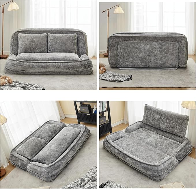 Foldable Lazy Sofa Bed, Double Human Dog Bed for Adults, Light Gray | Skin-friendly Breathable Soft Chenille Upholstered, 5 Adjustable Backrest Positions, 3 Soft Cushions for Living Room