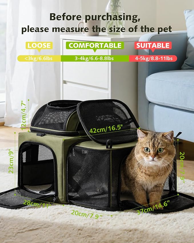 Pecute Top Expandable Airline Approved Pet Carrier for Cats, Dark Gray | Top side expandable, breathable scratch-resistant mesh, leakproof pee pad, locking zippers, foldable travel bag under 11lbs.