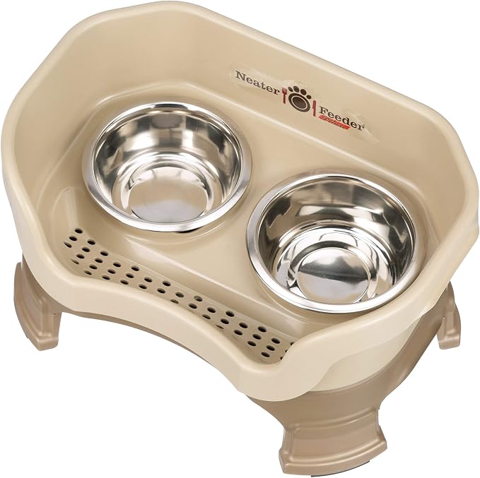 Neater Feeder Deluxe Mess-Proof Elevated Dog Bowls for Small Dogs (Up to 19 lbs), 2 Height Adjustable (6” & 7.5”) No-Spill Raised Dog Bowl Stand, Stainless Steel Food Bowl Set, Made in USA, Cappuccino