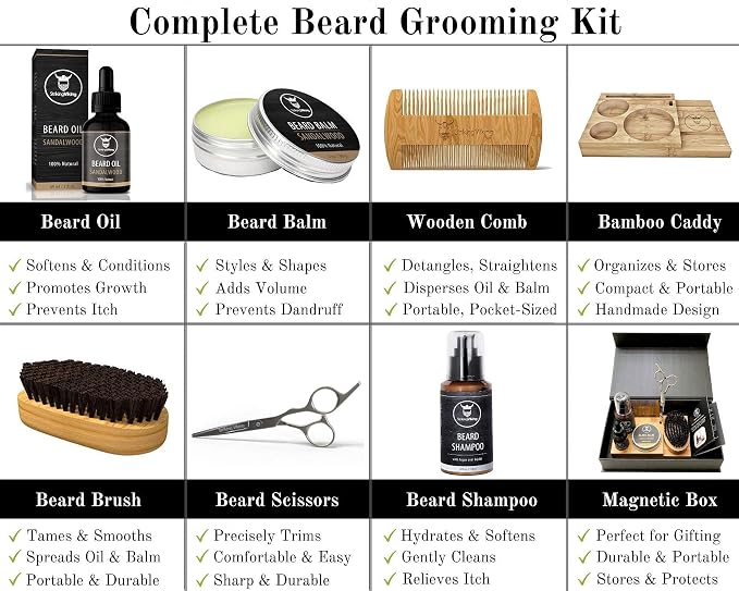 Striking Viking Beard Grooming Kit with Caddy - 7 Piece Set, Sandalwood | Softening Sandalwood Beard Oil & Balm - Brush with Mustache Comb & Scissors - Compact Caddy Organizer & Gifts for Men