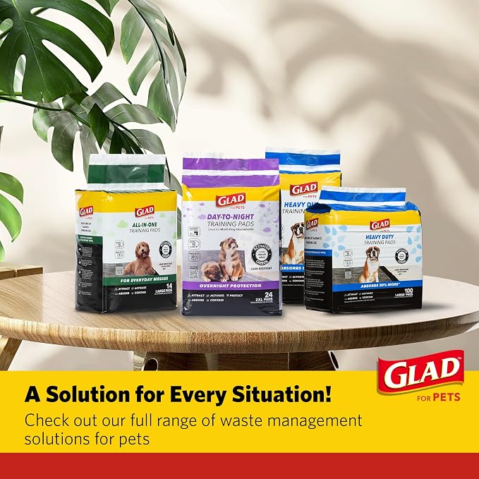 Glad for Pets Giant Activated Carbon Training Pads, 30 x 36 In, 24 Ct, 2-Pk | Adhesive backing and wall protection for leak-proof, super-absorbent day-to-night coverage