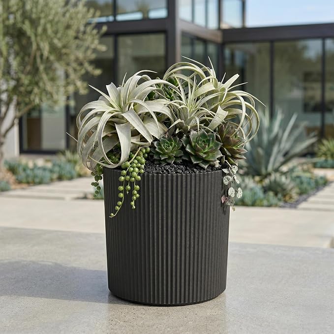 Mayne Haven 14-Inch Fluted Planter, Round Planters for Outdoor Plants, Lightweight Concrete Look Plant Pots for Porch, Patio, Garden and Entryway Décor, Black