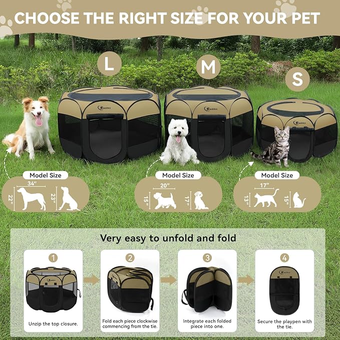 Siedihit Dog Cat Playpen, Medium Puppy Pet Playpen, Dog Crate Tent Cage | Indoor/Outdoor, Portable Pop Up Dogs Kennel Playpen with Carrying Case for Dogs/Cats/Rabbits(Black Khaki, Medium)