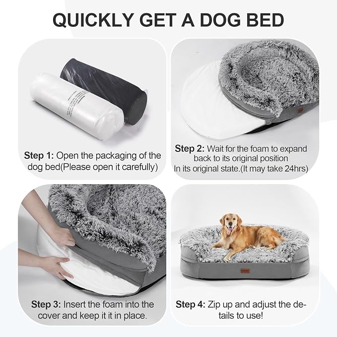 iweepet Fluffy Calming Orthopedic Dog Beds for Medium & Large Dogs, Supportive Dog Sofa Bed with 3.7 inch 28D Egg-Crate Foam, Removable Washable Plush Cover, Waterproof Lining, 41'',Grey