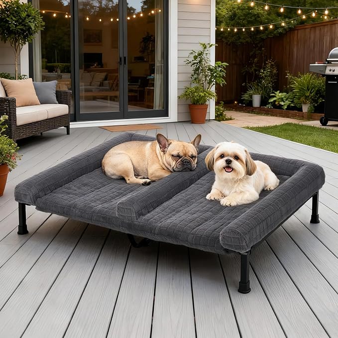Veehoo Plush Double Dog Couch Bed for 2 Dogs, Washable Elevated Dog Bed | Cooling Raised Pet Cot with Removable Bolster Cushion, Breathable Mesh, No-Slip Feet, 48 x 37 inches, Grey