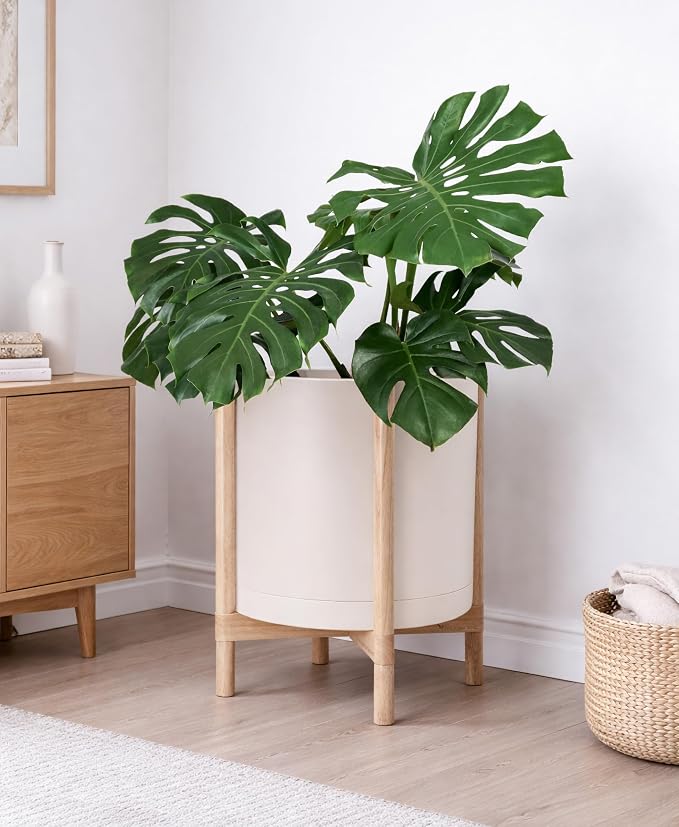 D'vine Dev Plastic Pot with Natural Wood Stand, Oatmeal, 16 in, 55-C-Y-4 | Mid-Century Inspired Design, Elevated Plant Display, Clean Lines, Sturdy Support, Modern Space-Saving Style
