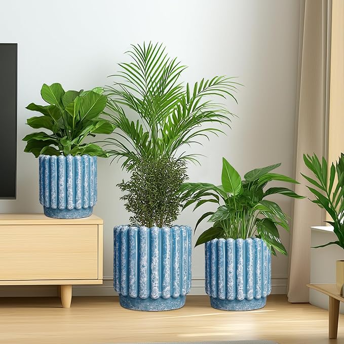 Ceramicfor Ceramic Planter, 12 Inch, Blue | Drainage Hole, Round Large Flower Pot, Fluted Decorative Design, Indoor Outdoor Use