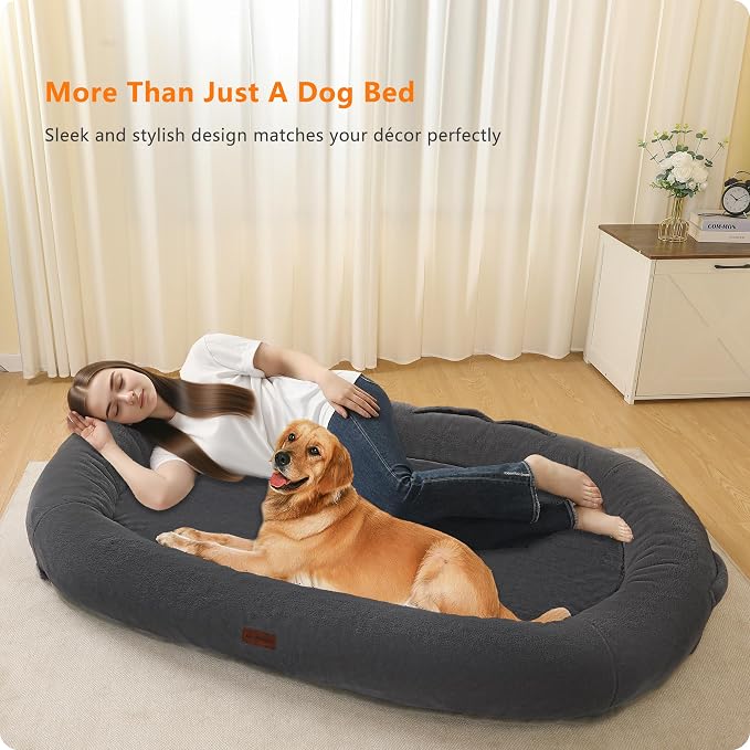 Human Dog Bed for Adult, Orthopedic Gel Memory Foam, 71"x47"x9" | Human Dog Bed Fits Adult & Pets, Reversible Egg-Crate Foam Cushion, Washable Pet Bed with Blanket, Black Grey