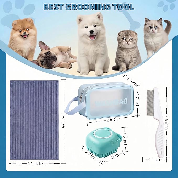 4PCS Dog Bath Kit & Dog Brush Kit for Dogs & Cats - Professional Pet Grooming Tools Set with Shedding Brush, Bath Scrubber, Dematting Comb & Storage Bag - Complete Dog Washing Essentials, Blue