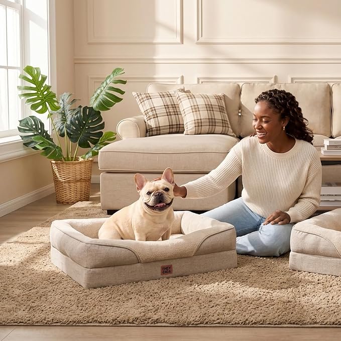 EHEYCIGA Orthopedic Dog Bed for Medium Dog, Memory Foam Dog Couch, Beige | 30x20 Inch Dog Sofa with Sides, Waterproof Liner & Washable Removable Cover, Bolster Pet Couch