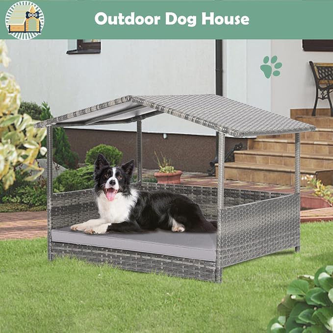 Outdoor Wicker Dog Bed with Canopy, Indoor HDPE Rattan Dog House, Raised Dog Cot Pet House, Elevated Pets Sofa w/Washable Cover, Waterproof Roof Shelter, Removable Cushion Lounge
