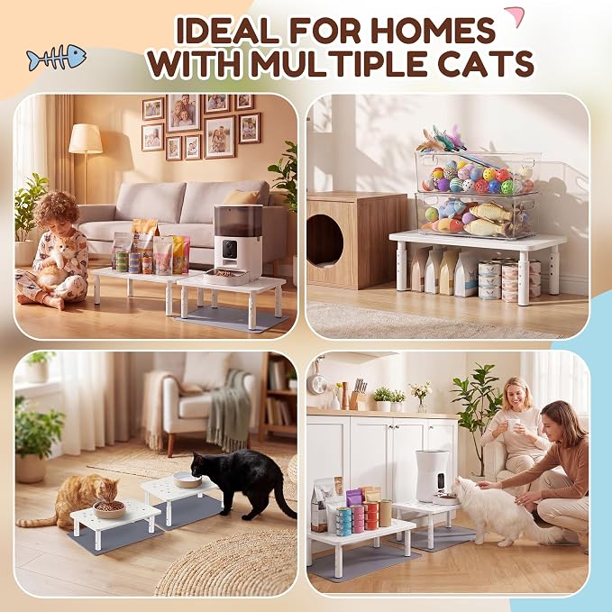 Dreyoo 2 Set Adjustable Cat Food Stand, White,Gray Mat | Fits Most Auto Feeders, Cat Food Stand, 3 Level Stand, Non Slip Silicone Mats, Elevated Feeding Table, Cats Small Dogs