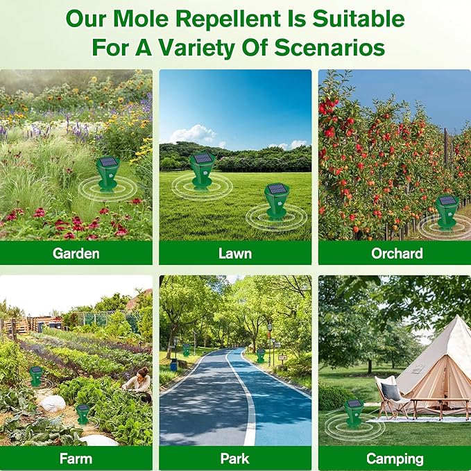 Mole Repellent Solar Powered, 2 Pack Ultrasonic Gopher Repeller IP65 Waterproof for Lawn Garden Yard, Sonic Vole Repellent Mole Killer Outdoor Get Rid of Snake Groundhog Chipmunk Squirrels-Green