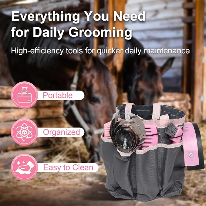 Horse Grooming Kit 13 Pack, Horse Brushes for Grooming Supplies Set with Tote Bag, Horse Tack Supplies with Gloves & Brush for Equine Care and Bathing (Pink)