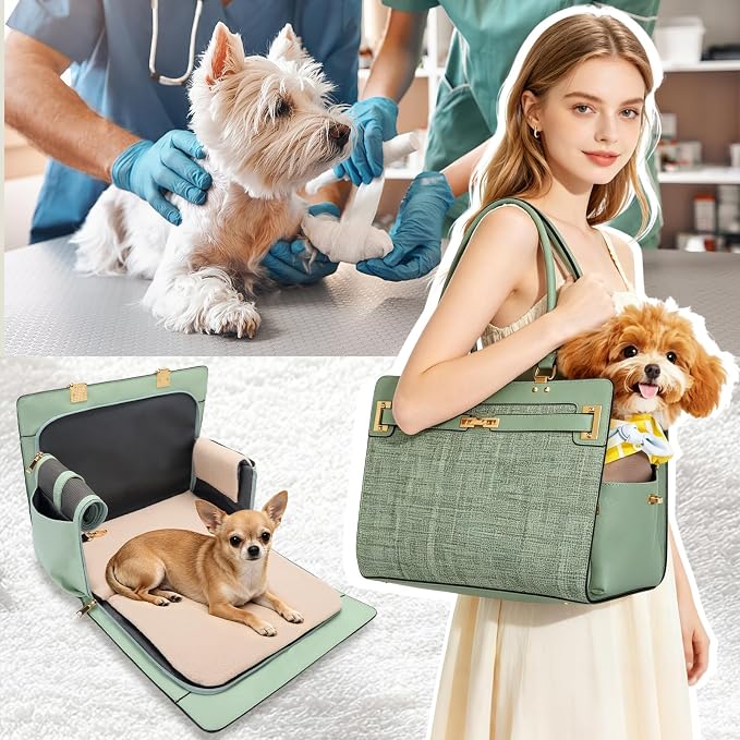 2-in-1 Stylish Dog Purse Carrier Soft-Sided Carriers Travel Tote Bag for Small Dogs Cats, Fashion Foldable Pet Bag for Puppies Small Animals with Pockets (Green, 15" L x 7.5" W x 12.2" H)