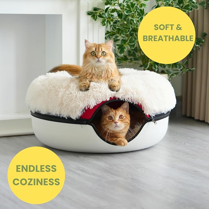 Peekaboo Cat Cave for Multiple & Large Cats Up to 30-45 Lbs, Fluffy Cat Beds & Furniture, Scratch Detachable & Washable Tunnel Bed, Comfy Donut Bed (Ruby Snowball, Large (Calming))