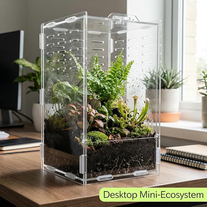 9.8 Inch Jumping Spider Enclosure, Desktop Micro Terrarium, Breeding Box, 360° Clear Acrylic Insect Habitat, 3-Side Ventilation, Easy Assembly, for Mantis, Tarantula, Snail, Small Reptiles, Plants
