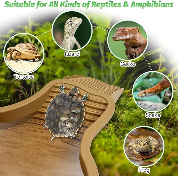 PINVNBY Large Reptile Bathing Pool Tortoise Water Dish with Removable Ramp and Leaf Reptile Food Dish & Water Bowl Tortoise Habitat Accessories for Turtle Lizard Gecko Snake (Yellow)