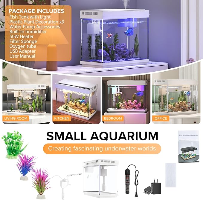 Vehipa Aquarium, 2.4 Gallon Betta Fish Tank with Heater, Humidifier 3 in 1 Pump - Filteration & Oxygenation & Circulation, Temperature Display, HD Glass, Timed 7-Color Lights