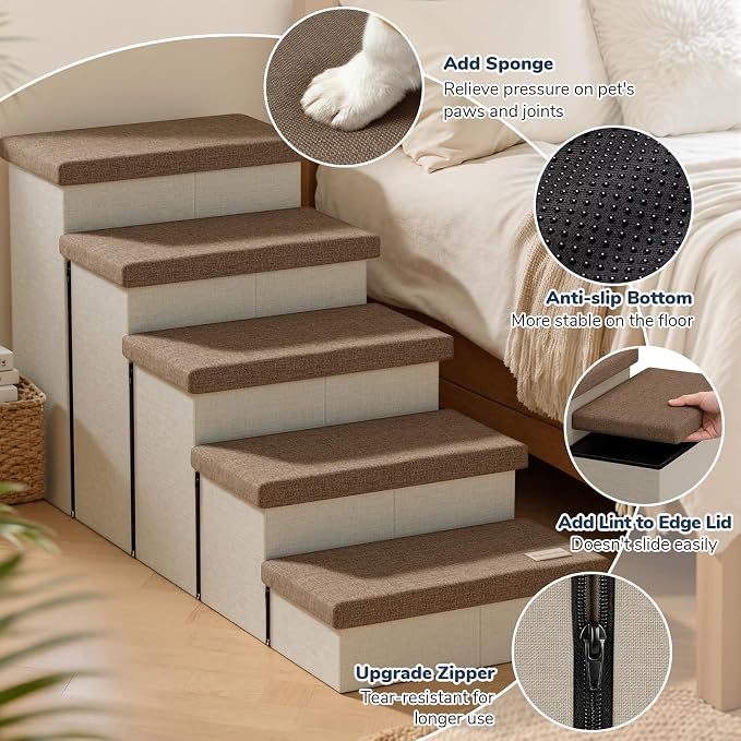 5-Step Wide Dog Stairs with Storage 23" H, Non-Slip Sturdy Pet Steps for High Bed Window, Pet Stairs for Small/Medium/Large Old Dogs Cats Up to 220lbs, Cat Dog Steps for Car, Beige&Brown Lid