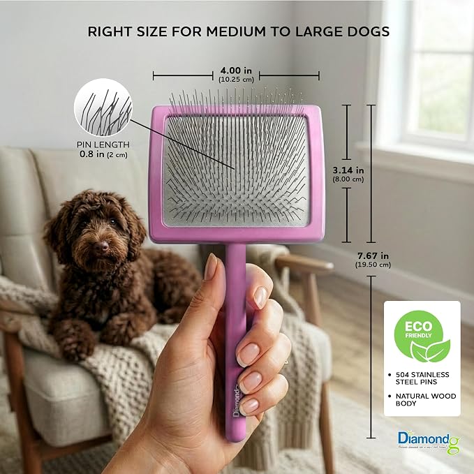 Diamondg Pet Slicker Brush for Dogs & Cats – Professional Grooming Brush for Shedding, Detangling & Coat Maintenance, Gentle Fine Wire Pins, Ergonomic Handle, Pink