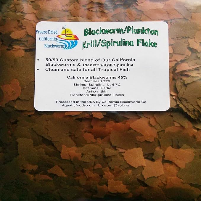Aquatic Foods Inc. Flakes - 45% California Blackworm & Plankton/Krill/Spirulina Flake Mix for Discus, Cichlids, Tetras, Guppies, Live Bearers, Pond Fish, All Tropical Fish Premium AF Flakes - 1/2-lbs