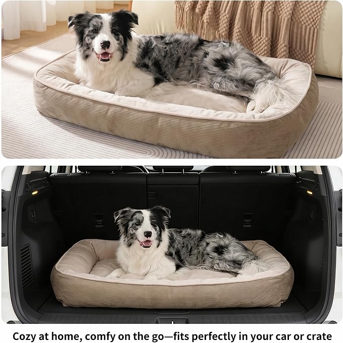 FAIRYPET Deluxe Plush Dog Beds for Medium to Large Dogs, 3D Crimped Siliconized Hollow Fiber Fill,Soft Breathable,Washable Dog Bed, Plush Faux Fur & Corduroy,Durable Pet Bed with Anti-Slip Bottom