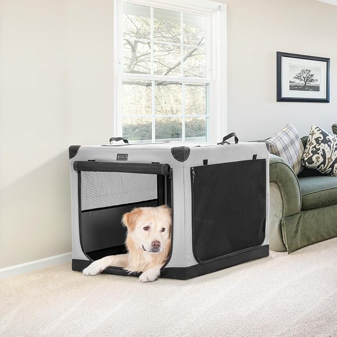 PETSFIT 36" Soft Portable Dog Crate – Patented Spiral Sturdy Frame, Collapsible Travel Kennel for Medium & Large Dogs, 3 Mesh Door, Lockable Zippers, Indoor & Car Use Gray
