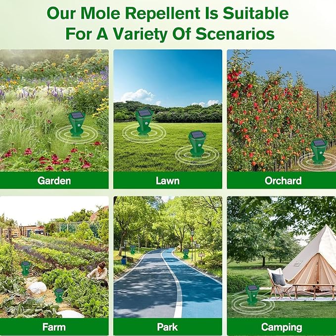 Mole Repellent Solar Powered, 4 Pack Ultrasonic Gopher Repeller IP65 Waterproof for Lawn Garden Yard, Sonic Vole Repellent Outdoor Get Rid of Snake Groundhog Chipmunk Squirrels, Green