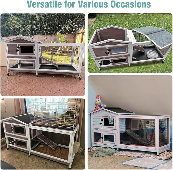 Suumerpety 62" Rabbit Hutch with Chew-Proof Ramp & Waterproof Roof - Indoor/Outdoor Bunny Cage, 2-Story Design, 6 Lockable Caster Wheels & Dual Pull-Out Trays (Brown)