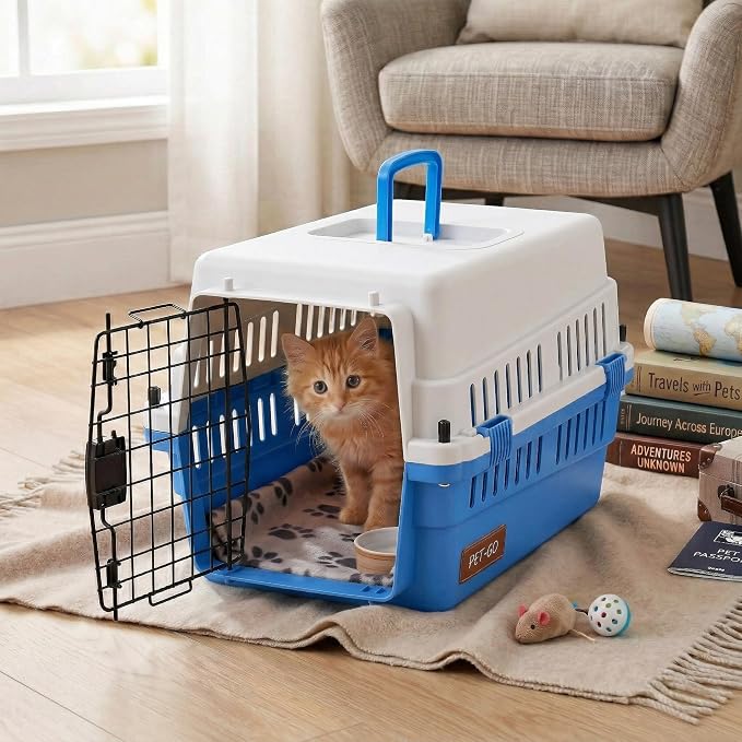 Hard-Sided Pet Carrier for Cats and Small Dogs, 20" Sturdy Travel Kennel with Secure Wire Door & 360° Ventilation, Portable Plastic Crate for Vet Visits & Car Travel (White/Blue)