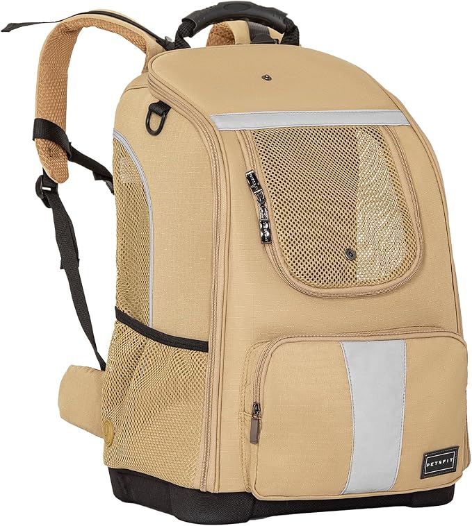 Petsfit Pet Dog Carrier Backpack with Upgraded Weight Reduction Design, Cat Dog Backpack with Large Ventilations, Easy-Fit for Traveling Hiking Camping for Small Medium Dogs and Cat, Khaki