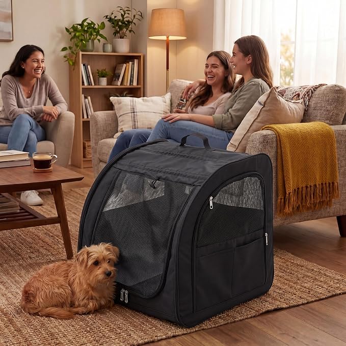 Dog Car Crate, Enclosed Foldable Cat Car Seat Carrier, 23.62x20x20in, Black | Portable Dog Cat Carrier with Seatbelt Attachment & Headrest Strap, Soft-sided Pet Kennel with Bed for Pet Travel up to 25 lb