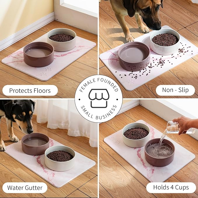 Diatomite Stone Pet Feeding Mat for Dog Cat Super Absorbent Diatomite Quick Drying Stone Dog Food Water Mat, Dog Mats for Food and Water with Non-Slip Station, Fast Dry Pet Mats, Marble Pink