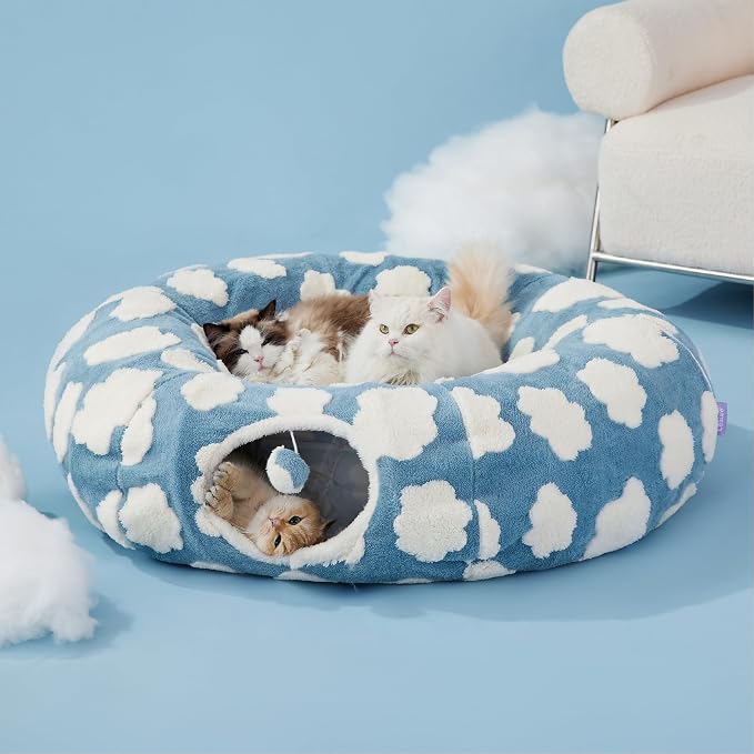 Lesure Donut Cute Jacquard Large Cat Tunnel Bed Kitten Toys for Dog Bunny | 39.5x39.5x10in,Round Large Cat Bed Tube for Multi Kittens,Pet Peekaboo Cave Toy,Spiral Hideaway,Washable Cushion,Blue