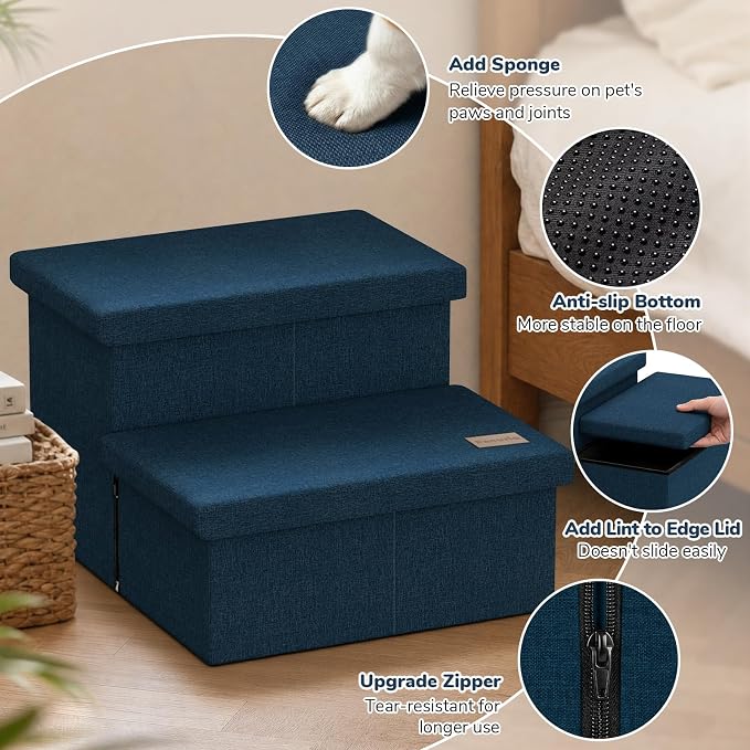 2-Step Wide Dog Stairs with Storage 11" H, Non-Slip Sturdy Pet Steps for Couch Chair, Dog Steps for Small/Medium Old Dogs, Cats, Rabbits Up to 150lbs, Foldable Cat Puppy Stairs for Car, Navy