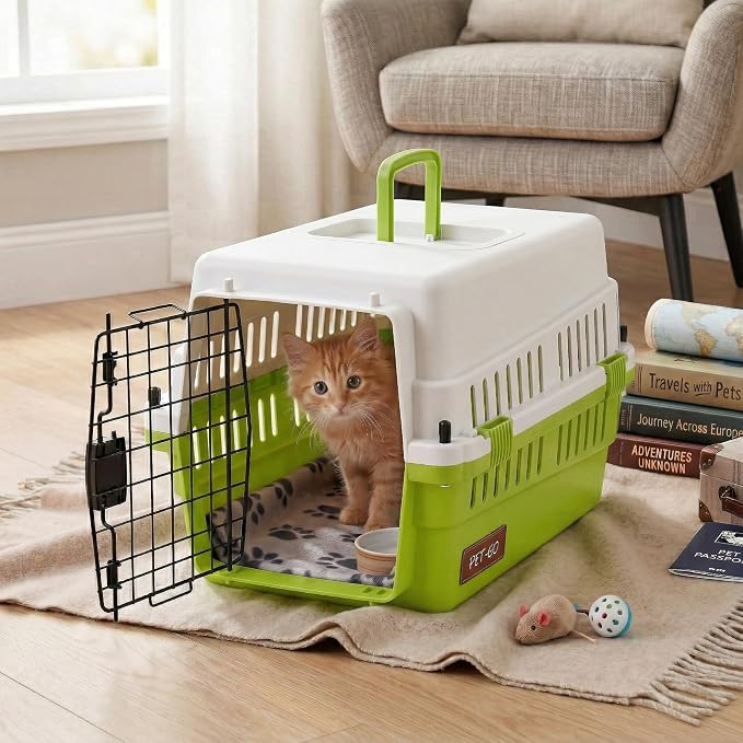 Hard-Sided Pet Carrier for Cats and Small Dogs, 20" Sturdy Travel Kennel with Secure Wire Door & 360° Ventilation, Portable Plastic Crate for Vet Visits & Car Travel (White/Green)