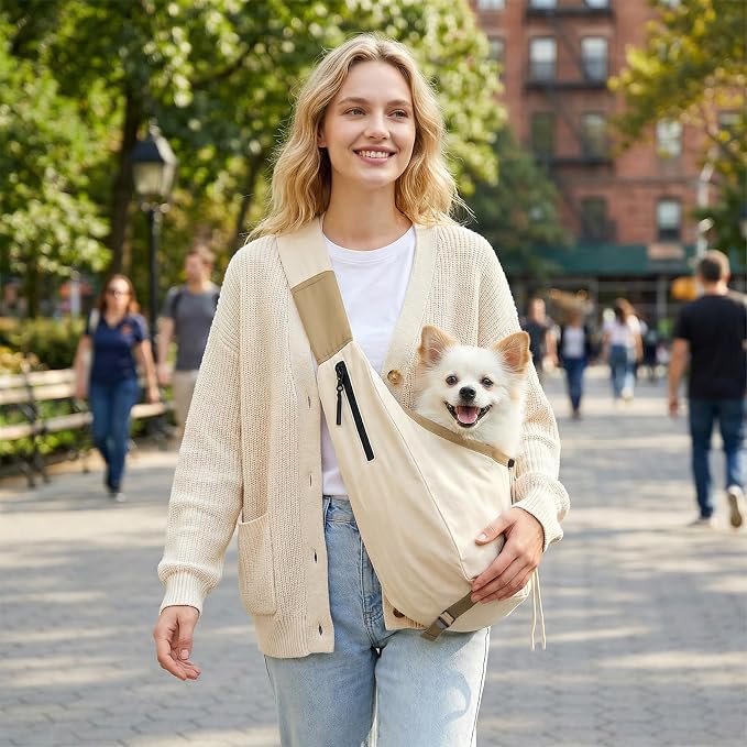 Dog Carrier Sling for Small Dogs/Cats Up to 15 lbs - Multi-Pocket Oxford Pet Sling Carrier Bag with Adjustable Strap (Beige)