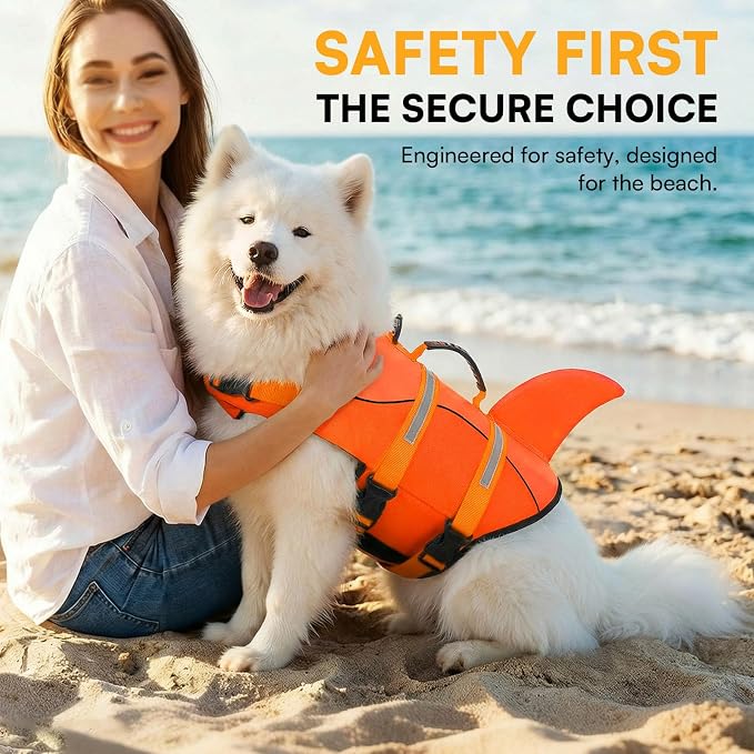 Dog Life Jacket, Dog Life Vest for Swimming, Medium Dogs Shark Swimming Safety Vest Adjustable Preserver with High Buoyancy, Pet Lifesaver for Medium Dogs, Orange M