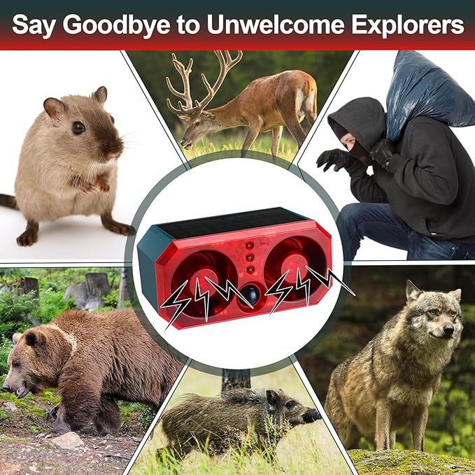 Qualirey 6 Pcs Solar Outdoor Motion Sensor Alarm Motion Sensor Animal Deterrent Dog Barking Alarm 13 Sound 130db Loud Noise Maker 4 Mode with USB Remote Control Support Recording Volume Adjustment