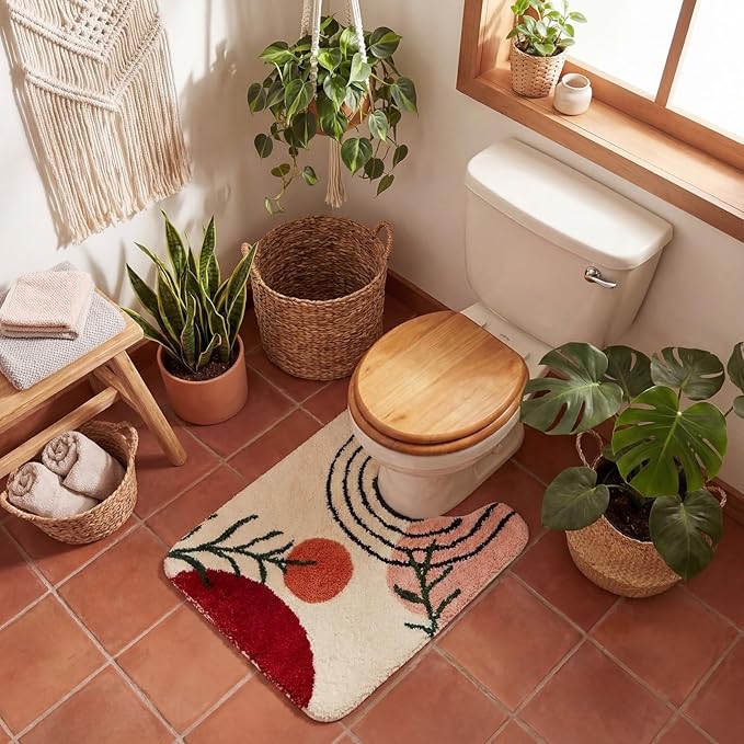 Drydiet Toilet Rug U Shaped Washable Soft and Absorbent Bathroom Rugs Non Slip Bath Mat Machine Wash Bathroom Contour Rug for Toilet Base, 24 x 20 Inch(Boho Color)