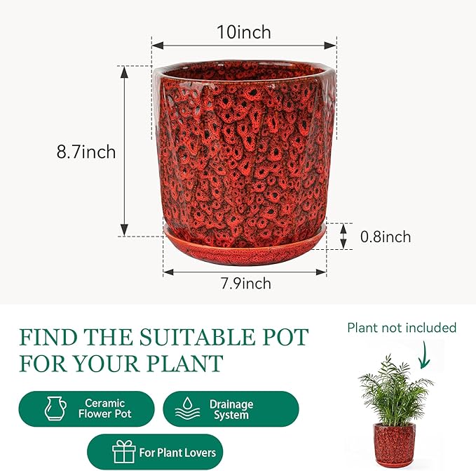 10 Inch Ceramic Plant Pot with Drainage Hole Mesh Net, Large Flower Pots for Indoor Plants with Saucer, Gardening Pots Outdoor (Red)