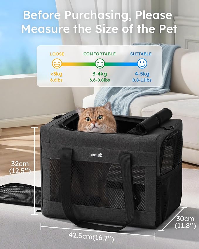 Pecute Cat Carrier, Portable Dog Carrier with Stable Structure, Dark Grey | Larger Space, 360° Ventilation & Comfort, Escape-Proof, for Travel / Car Trips / Vet Visits, Fits Cats up to 11 lbs