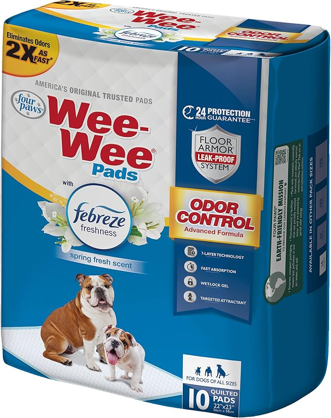 Four Paws Wee-Wee Odor Control Dog Pee Pads with Febreze Freshness | 10 count, spring fresh scent, neutralizes ammonia odors, pee pads for dogs & puppies, dog housebreaking, 22" x 23"