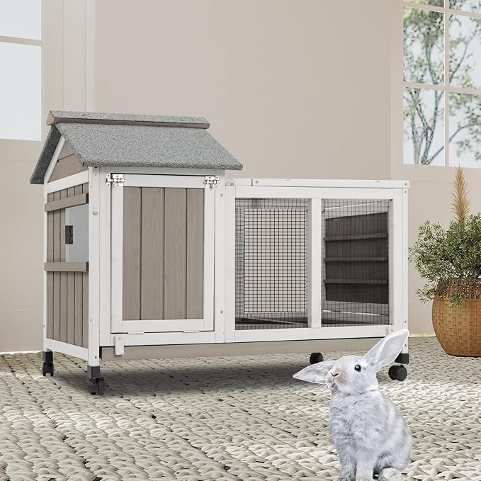 Gowoodhut 76.38"L Rabbit Hutch Indoor and Outdoor with 8 Wheels,Wooden Rabbit Cage with Pull Out Leak-Proof Tray for 2-4 Rabbits,Bunny Hutch with Asphalt Roof Suitable for Garden,Park,Living Room,Grey