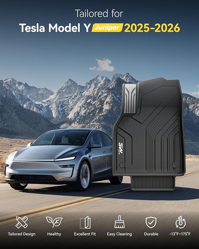 3W 2025 2026 Tesla Model Y Juniper Only for 5 Seat Floor Mats with Rear Cargo Mat & Backrest Mat TPE Anti-Slip All Weather Accessories, Vigormold™