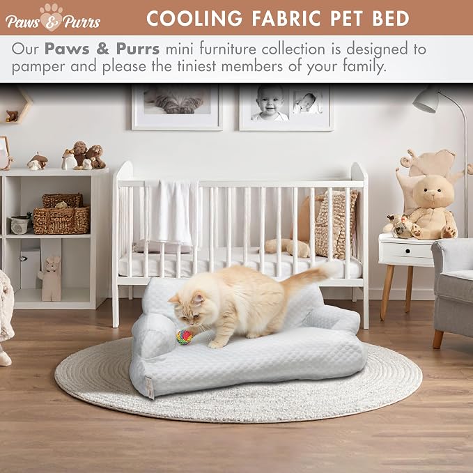 Paws & Purrs Cooling Pet Sofa Bed for Small Dogs or Cats, Breathable Fabric, Supportive Bolsters, Removable Washable Cover, Non-Slip Base, Sofa Pet Lounger Includes Mini Play Cushion, Light Gray